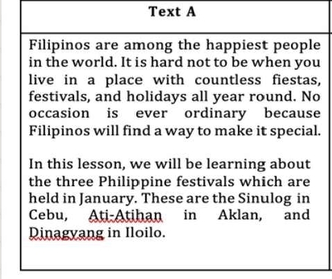 Text A 
Filipinos are among the happiest people 
in the world. It is hard not to be when you 
live in a place with countless fiestas, 
festivals, and holidays all year round. No 
occasion is ever ordinary because 
Filipinos will find a way to make it special. 
In this lesson, we will be learning about 
the three Philippine festivals which are 
held in January. These are the Sinulog in 
Cebu, Ati-Atihan in Aklan, and 
Dinagyang in Iloilo.