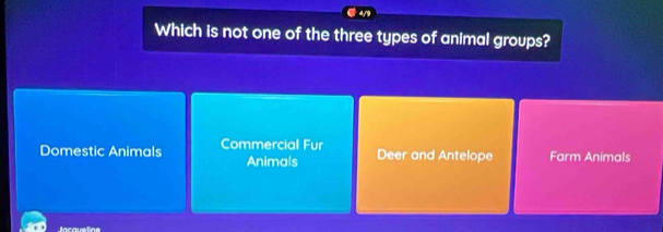 Which is not one of the three types of animal groups?
Domestic Animals Commercial Fur Farm Animals
Animals Deer and Antelope