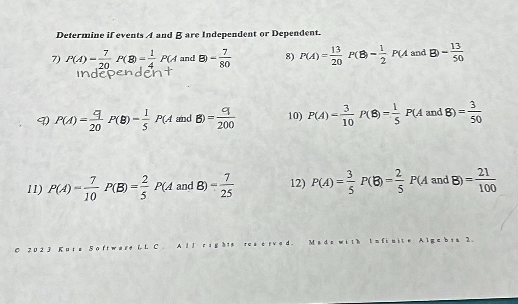 Determine if events A and B are Independent or Dependent. 
7) P(A)= 7/20 P(B)= 1/4 P(A and B)= 7/80  8) P(A)= 13/20 P(B)= 1/2 P(A and B)= 13/50 
D) P(A)= 9/20 P(B)= 1/5 P(A and B)= q/200  10) P(A)= 3/10 P(B)= 1/5 P(AandB)= 3/50 
11) P(A)= 7/10 P(B)= 2/5 P(A and B)= 7/25  12) P(A)= 3/5 P(B)= 2/5 P(AandB)= 21/100 
a 2.
O 2 0 2 3 A l l r i g