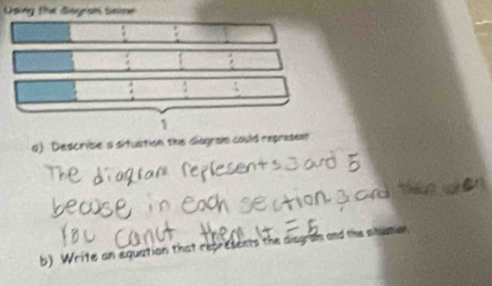 Using the dagran baime 
1 
a) Descrice a situation the disgram could regresem 
b) Write an equation that represents the disgram and the stusion