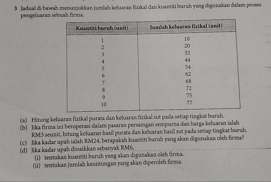 Jadual di bawah menunjukkan jumlah keluaran fizikal dan kuantiti buruh yang digunakan dalam proses 
pengeluaran sebuah firma. 
(a) Hitung keluaran fizikal purata dan keluaran fizikal sut pada setiap tingkat buruh. 
(b) Jika firma ini beroperasi dalam pasaran persaingan sempurna dan harga keluaran ialah
RM3 seunit, hitung keluaran hasil purata dan keluaran hasil sut pada setiap tingkat buruh. 
(c) Jika kadar upah ialah RM24, berapakah kuantiti buruh yang akan digunakan oleh firma? 
(d) Jika kadar upah dinaikkan sebanyak RM6, 
(i) tentukan kuantiti buruh yang akan digunakan oleh firma. 
(ii) tentukan jumlah keuntungan yang akan diperoleh firma.