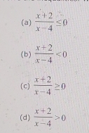  (x+2)/x-4 ≤ 0
(b)  (x+2)/x-4 <0</tex> 
( c)  (x+2)/x-4 ≥ 0
(d)  (x+2)/x-4 >0