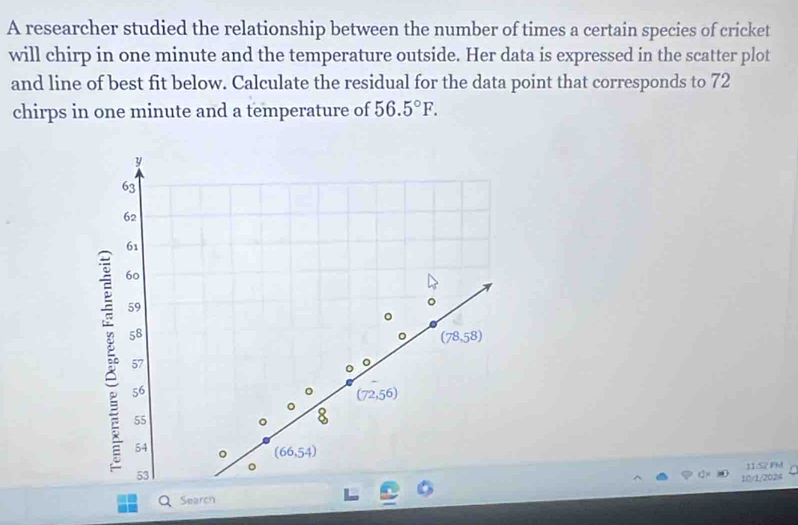 A researcher studied the relationship between the number of times a certain species of cricket
will chirp in one minute and the temperature outside. Her data is expressed in the scatter plot
and line of best fit below. Calculate the residual for the data point that corresponds to 72
chirps in one minute and a temperature of 56.5°F.
11.52 PM
10/1/2024
Search