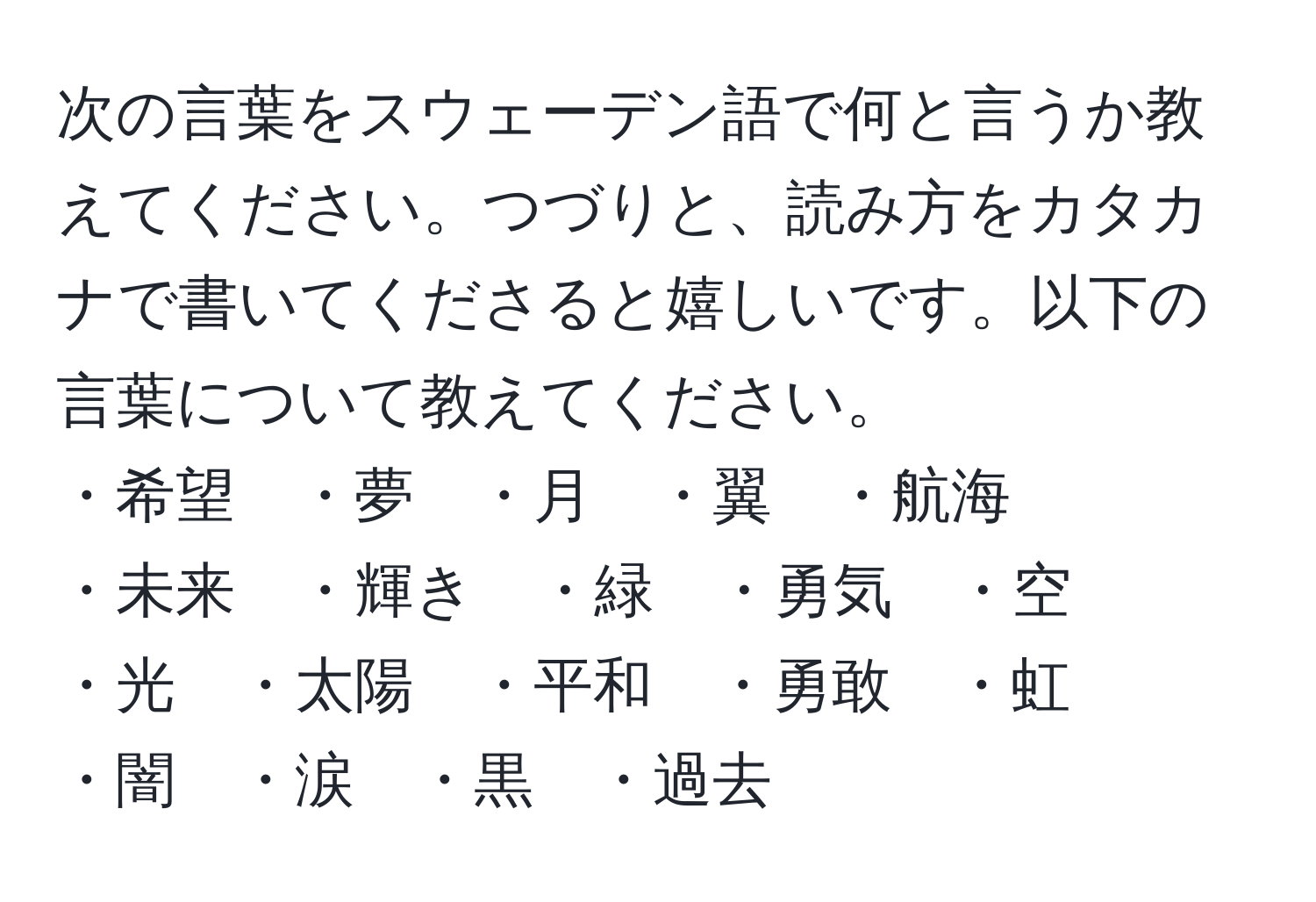 次の言葉をスウェーデン語で何と言うか教えてください。つづりと、読み方をカタカナで書いてくださると嬉しいです。以下の言葉について教えてください。
・希望　・夢　・月　・翼　・航海
・未来　・輝き　・緑　・勇気　・空
・光　・太陽　・平和　・勇敢　・虹
・闇　・涙　・黒　・過去