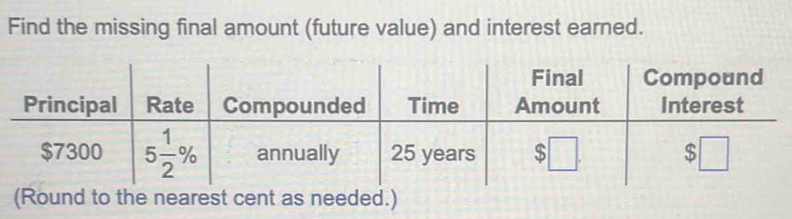 Find the missing final amount (future value) and interest earned.
(Round to the nearest cent as needed.)