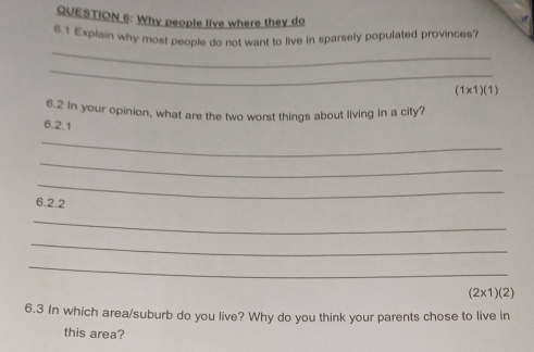 Why people live where they do 
6.1 Explain why most people do not want to live in sparsely populated provinces? 
_ 
_
(1* 1)(1)
6.2 In your opinion, what are the two worst things about living in a city? 
6.2.1 
_ 
_ 
_ 
6.2.2 
_ 
_ 
_
(2* 1)(2)
6.3 In which area/suburb do you live? Why do you think your parents chose to live in 
this area?