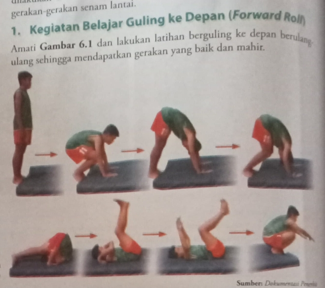 gerakan-gerakan senam lantai. 
1. Kegiatan Belajar Guling ke Depan (Forward Roll) 
Amati Gambar 6.1 dan lakukan latihan berguling ke depan berulang. 
ulang sehingga mendapatkan gerakan yang baik dan mahir. 
Sumber: Dokumentasí Penerbis