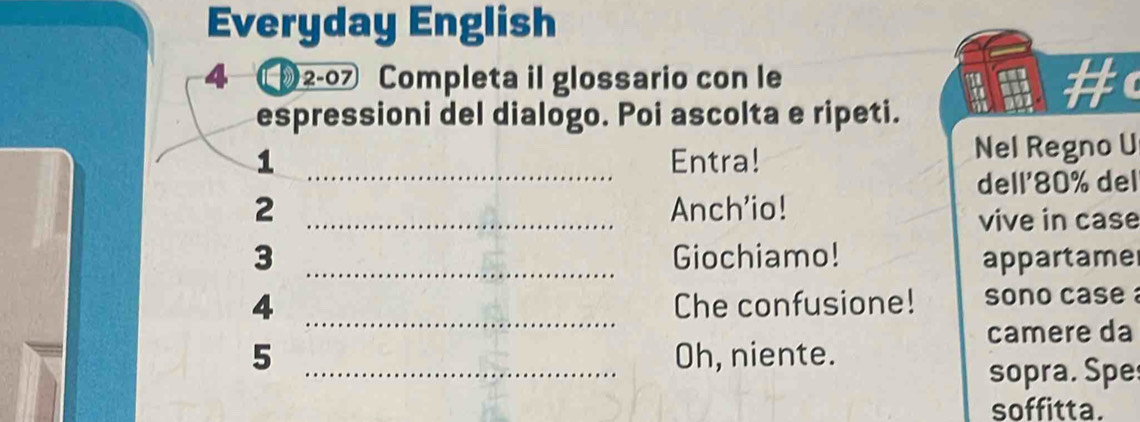 Everyday English 
4 ①2-07 Completa il glossario con le 
# 
espressioni del dialogo. Poi ascolta e ripeti. 
_ 
1 Entra! Nel Regno U 
dell' 80% del 
2 _Anch'io! 
vive in case 
3 _Giochiamo! appartame 
4 _Che confusione! sono case 
camere da 
5 _Oh, niente. 
sopra. Spe 
soffitta.