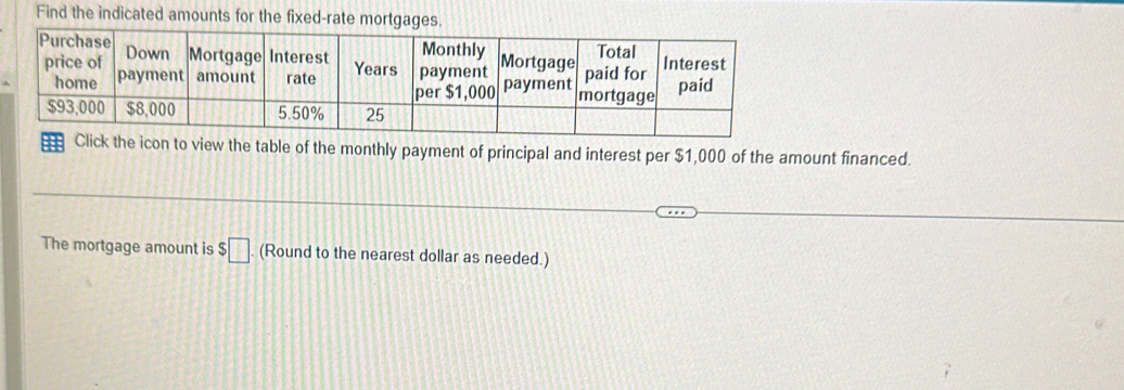 Find the indicated amounts for the fixed-ra 
of the monthly payment of principal and interest per $1,000 of the amount financed. 
The mortgage amount is $□. (Round to the nearest dollar as needed.)