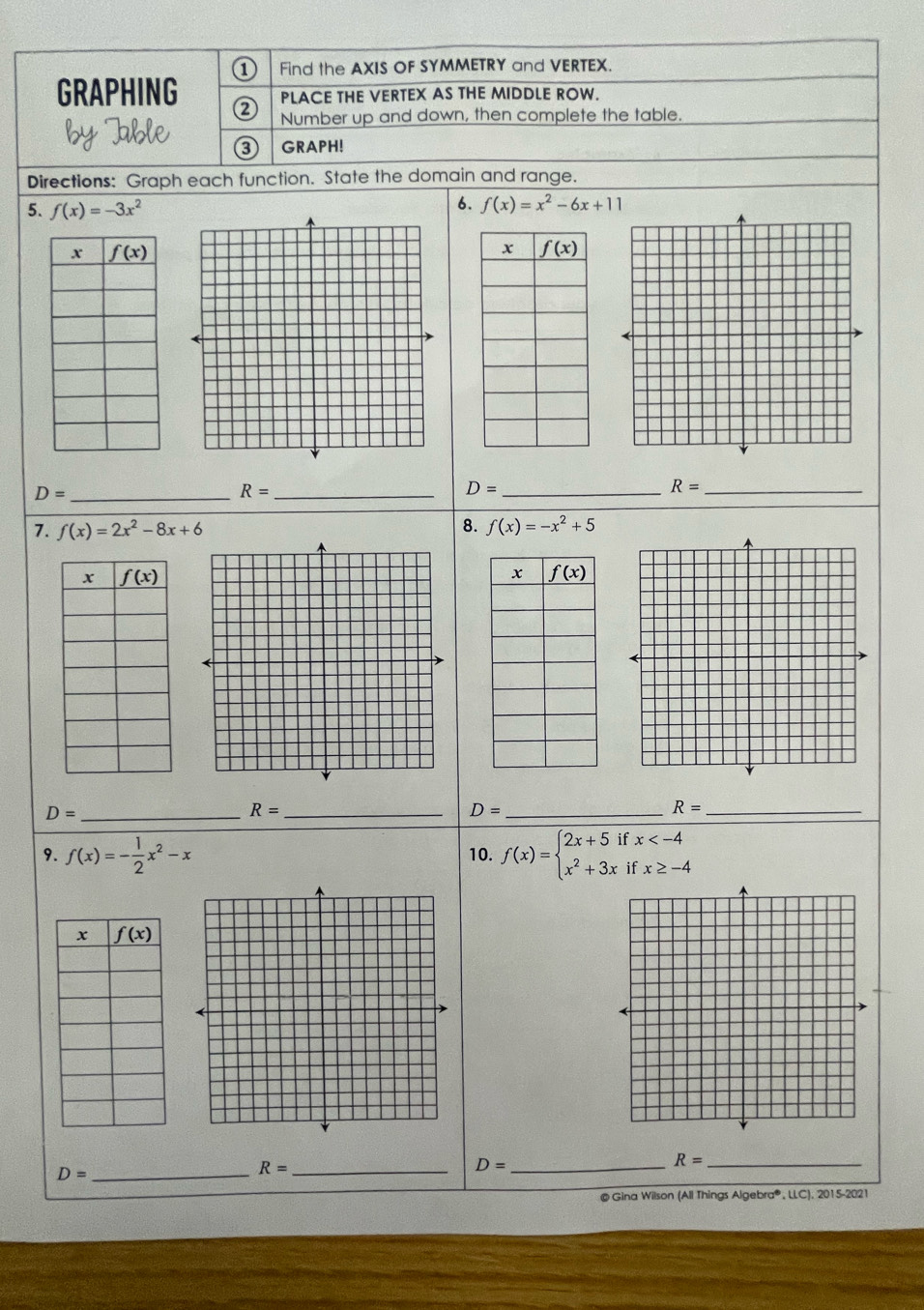 Find the AXIS OF SYMMETRY and VERTEX.
GRAPHING ②
PLACE THE VERTEX AS THE MIDDLE ROW.
Number up and down, then complete the table.
GRAPH!
Directions: Graph each function. State the domain and range.
5. f(x)=-3x^2
6. f(x)=x^2-6x+11
_ D=
_ R=
_ D=
R= _
7. f(x)=2x^2-8x+6 8. f(x)=-x^2+5
D= _
R= _
D= _
_ R=
9. f(x)=- 1/2 x^2-x 10. f(x)=beginarrayl 2x+5ifx
_ D=
R= _
D= _
R= _
@ Gina Wilson (All Things Algebra®, LLC), 2015-2021