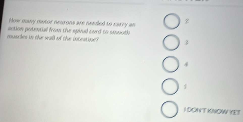 How many motor neurons are needed to carry an
2
action potential from the spinal cord to smooth 
muscles in the wall of the intestine?
3
1
I DONTKNOWYET