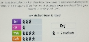 ani asks 24 students in her class how they travel to school and displays her 
results in a pictogram. What fraction of students eysle to schoot ? boe y 
answer in its simplest form 
How students travel to schoo 
Ley 
students