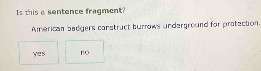 Is this a sentence fragment?
American badgers construct burrows underground for protection.
yes no