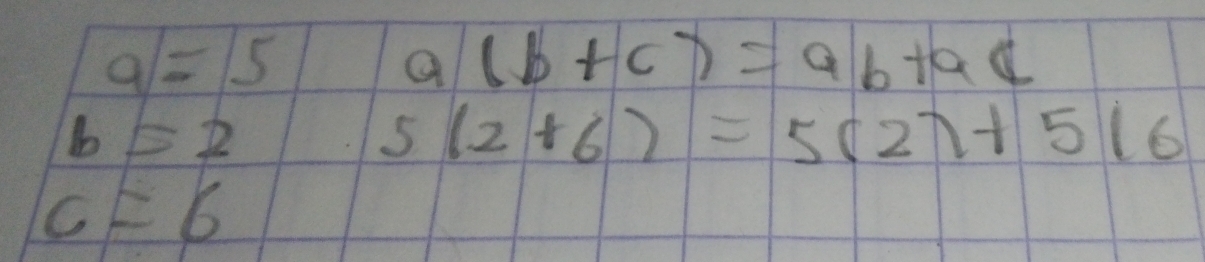 a=15
a(b+c)=ab+ac
b=2
5 (2+6)=5(2)+5(6)
c=6