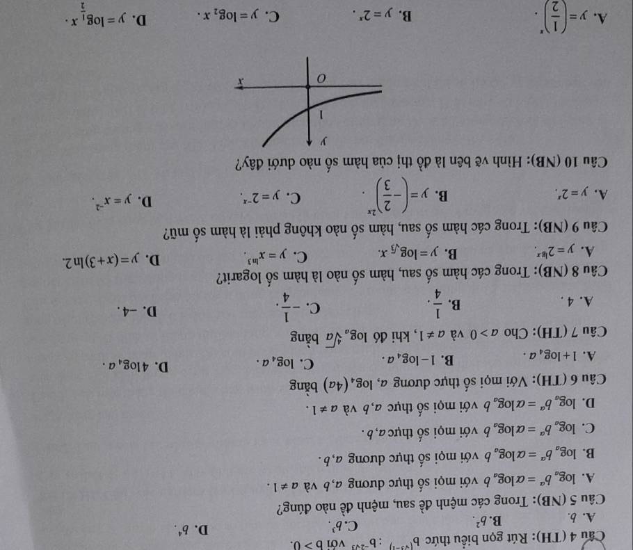 (TH): Rút gọn biểu thức b^((sqrt(3)-1)):b^(-2sqrt(3)) với b>0.
A. b. B. b^2. C. b^3. D. b^4.
Câu 5 (NB): Trong các mệnh đề sau, mệnh đề nào đúng?
A. log _ab^(alpha)=alpha log _ab với mọi số thực dương a, b và a!= 1.
B. log _ab^(alpha)=alpha log _ab với mọi số thực dương a, b .
C. log _ab^(alpha)=alpha log _ab với mọi số thực a, b .
D. log _ab^a=alpha log _ab với mọi số thực a, b và a!= 1.
Câu 6 (TH): Với mọi số thực dương a, log _4(4a) bằng
A. 1+log _4a. B. 1-log _4a. C. log _4a. D. 4log _4a.
Câu 7(TH) : Cho a>0 và a!= 1 , khi đó log _asqrt[4](a) bàng
C.
B.  1/4 . - 1/4 .
A. 4 . D. -4 .
Câu 8 (NB): Trong các hàm số sau, hàm số nào là hàm số logarit?
D.
A. y=2^(lg x). B. y=log _sqrt(3)x. C. y=x^(ln 3). y=(x+3)ln 2.
Câu 9 (NB): Trong các hàm số sau, hàm số nào không phải là hàm số mũ?
A. y=2^x. B. y=(- 2/3 )^2x. C. y=2^(-x).
D. y=x^(-2).
Câu 10 (NB): Hình vẽ bên là đồ thị của hàm số nào dưới đây?
A. y=( 1/2 )^x. C. y=log _2x. D. y=log _ 1/2 x.
B. y=2^x.