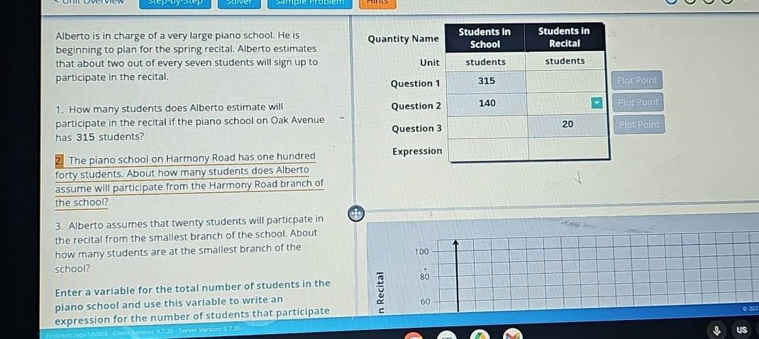 Alberto is in charge of a very large piano school. He is Quantity Name 
beginning to plan for the spring recital. Alberto estimates 
that about two out of every seven students will sign up to Uni 
participate in the recital. Question Plot Point 
1. How many students does Alberto estimate will Question Plot Point 
participate in the recital if the piano school on Oak AvenuePlot Point 
has 315 students? Question 
2. The piano school on Harmony Road has one hundred Expressio 
forty students. About how many students does Alberto 
assume will participate from the Harmony Road branch of 
the school? 
4 
3. Alberto assumes that twenty students will particpate in 
the recital from the smallest branch of the school. About 
how many students are at the smallest branch of the
100
school? 
Enter a variable for the total number of students in the : 80
piano school and use this variable to write an
60
expression for the number of students that participate 0 202
17:2
us