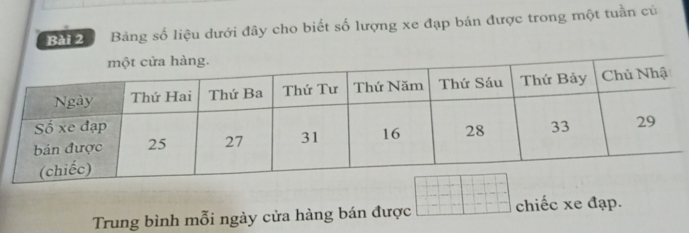 Bảng số liệu dưới đây cho biết số lượng xe đạp bán được trong một tuần củ 
Trung bình mỗi ngày cửa hàng bán được 
chiếc xe đạp.