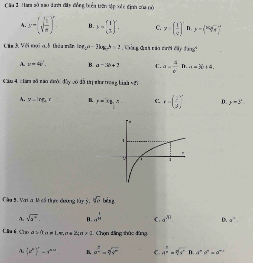 Hàm số nào dưới đây đồng biến trên tập xác định của nó
A. y=(sqrt(frac 1)π )^x. B. y=( 1/3 )^x. C. y=( 1/e )^x .D. y=(sqrt[2024](π ))^x
Câu 3. Với mọi a, b thỏa mãn log _2a-3log _2b=2 , khẳng định nào dưới đây đúng?
A. a=4b^3. B. a=3b+2. C. a= 4/b^3  .D. a=3b+4. 
Câu 4. Hàm số nào dưới đây có đồ thị như trong hình vẽ?
A. y=log _3x. B. y=log _ 1/3 x. y=( 1/3 )^x. 
C.
D. y=3^x. 
Câu 5. Với a là số thực dương tùy ý, sqrt[14](a) bằng
A. sqrt(a^(14)). a^(frac 1)14. 
B.
C. a^(sqrt(14)). D. a^(14). 
Câu 6. Cho a>0; a!= 1; m,n∈ Z; n!= 0. Chọn đẳng thức đúng.
A. (a^m)^n=a^(m+n). B. a^(frac m)n=sqrt[n](a^m). C. a^(frac m)n=sqrt[m](a^n) .D. a^m.a^n=a^(m.n)