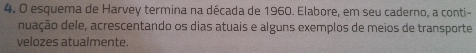 esquema de Harvey termina na década de 1960. Elabore, em seu caderno, a conti- 
nuação dele, acrescentando os dias atuais e alguns exemplos de meios de transporte 
velozes atualmente.