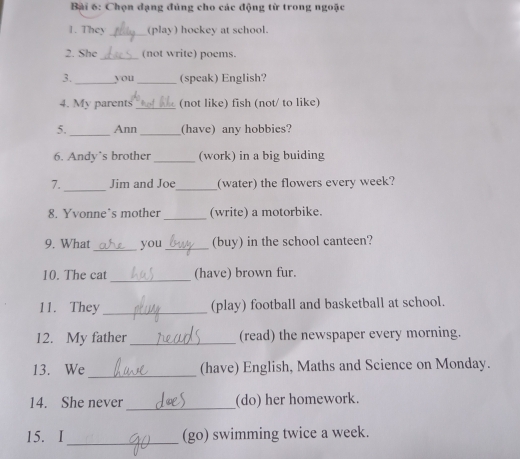 Chọn đạng đúng cho các động từ trong ngoặc 
1. They _(play) hockey at school. 
2. She_ (not write) poems. 
3. _you _(speak) English? 
4. My parents_ (not like) fish (not/ to like) 
_ 
5. Ann _(have) any hobbies? 
6. Andy*s brother _(work) in a big buiding 
7. _Jim and Joe_ (water) the flowers every week? 
8. Yvonne’s mother _(write) a motorbike. 
9. What_ you _(buy) in the school canteen? 
10. The cat _(have) brown fur. 
11. They _(play) football and basketball at school. 
12. My father_ (read) the newspaper every morning. 
_ 
13. We (have) English, Maths and Science on Monday. 
_ 
14. She never (do) her homework. 
15. I _(go) swimming twice a week.