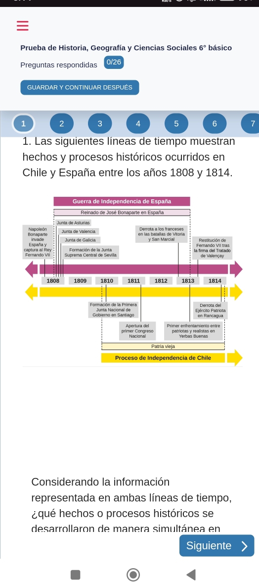 = 
Prueba de Historia, Geografía y Ciencias Sociales 6° básico 
Preguntas respondidas 0/26 
GUARDAR Y CONTINUAR DESPUÉS
1 2 3 4 5 6 7
1. Las siguientes líneas de tiempo muestran 
hechos y procesos históricos ocurridos en 
Chile y España entre los años 1808 y 1814. 
Considerando la información 
representada en ambas líneas de tiempo, 
¿qué hechos o procesos históricos se 
desarrollaron de manera simultánea en 
Siguiente