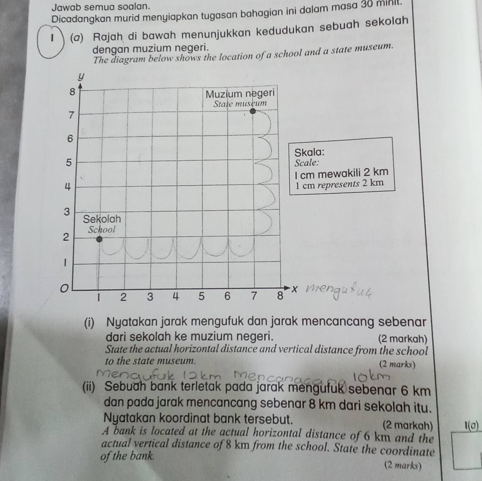 Jawab semua soalan. 
Dicadangkan murid menyiapkan tugasan bahagian ini dalam masa 30 minit. 
I (a) Rajah di bawah menunjukkan kedudukan sebuah sekolah 
dengan muzium negeri. 
The diagram below shows the location of a school and a state museum. 
y 
8 Muzium negeri 
State museum
7
6 
Skala: 
5 
Scale:
4 I cm mewakili 2 km
1 cm represents 2 km
3 
Sekolah 
School
2
1
0
| 2 3 4 5 6 7 8
(i) Nyatakan jarak mengufuk dan jarak mencancang sebenar 
dari sekolah ke muzium negeri. (2 markah) 
State the actual horizontal distance and vertical distance from the school 
to the state museum. (2 marks) 
(ii) Sebuah bank terletak pada jarak mengufuk sebenar 6 km
dan pada jarak mencancang sebenar 8 km dari sekolah itu. 
Nyatakan koordinat bank tersebut. (2 markah) l(a) 
A bank is located at the actual horizontal distance of 6 km and the 
actual vertical distance of 8 km from the school. State the coordinate 
of the bank. (2 marks)