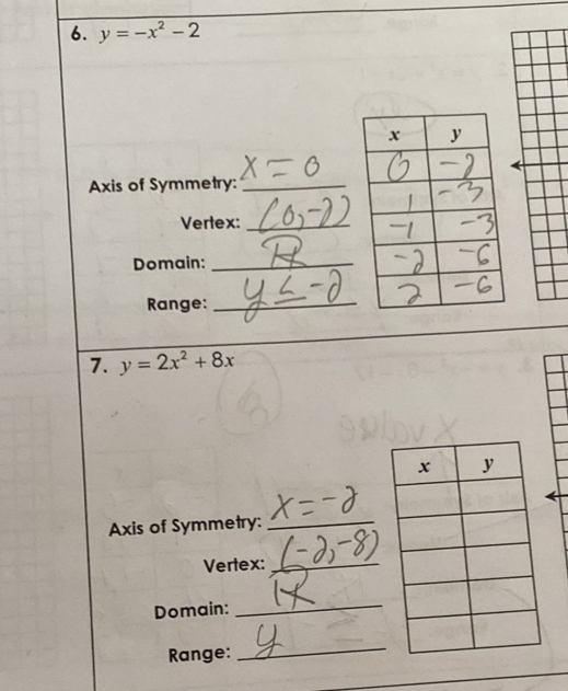 y=-x^2-2
Axis of Symmetry:_
Vertex:_
Domain:_
Range:_
7. y=2x^2+8x
Axis of Symmetry:_
Vertex:_
Domain:_
Range:
_