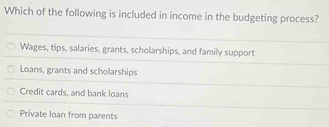 Which of the following is included in income in the budgeting process?
Wages, tips, salaries, grants, scholarships, and family support
Loans, grants and scholarships
Credit cards, and bank loans
Private loan from parents