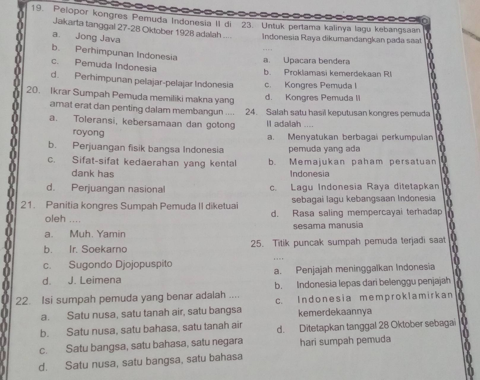 Pelopor kongres Pemuda Indonesia II di 23. Untuk pertama kalinya lagu kebangsaan
Jakarta tanggal 27-28 Oktober 1928 adalah .... Indonesia Raya dikumandangkan pada saat
a. Jong Java
b. Perhimpunan Indonesia
a. Upacara bendera
c. Pemuda Indonesia
b. Proklamasi kemerdekaan RI
d. Perhimpunan pelajar-pelajar Indonesia c. Kongres Pemuda I
20. Ikrar Sumpah Pemuda memiliki makna yang d. Kongres Pemuda II
amat erat dan penting dalam membangun .... 24. Salah satu hasil keputusan kongres pemuda
a. Toleransi, kebersamaan dan gotong II adalah ....
royong
a. Menyatukan berbagai perkumpulan
b. Perjuangan fisik bangsa Indonesia pemuda yang ada
c. Sifat-sifat kedaerahan yang kental b. Memajukan paham persatuan
dank has Indonesia
d. Perjuangan nasional c. Lagu Indonesia Raya ditetapkan
sebagai lagu kebangsaan Indonesia
21. Panitia kongres Sumpah Pemuda II diketuai
oleh .... d. Rasa saling mempercayai terhadap
a. Muh. Yamin sesama manusia
b. Ir. Soekarno 25. Titik puncak sumpah pemuda terjadi saat
c. Sugondo Djojopuspito
a. Penjajah meninggalkan Indonesia
d. J. Leimena
b. Indonesia lepas dari belenggu penjajah
22. Isi sumpah pemuda yang benar adalah ....
c. Indonesia memproklamirkan
a. Satu nusa, satu tanah air, satu bangsa
kemerdekaannya
b. Satu nusa, satu bahasa, satu tanah air
d. Ditetapkan tanggal 28 Oktober sebagai
c. Satu bangsa, satu bahasa, satu negara hari sumpah pemuda
d. Satu nusa, satu bangsa, satu bahasa