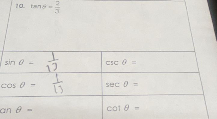 tan θ = 2/3 
sin θ = 1/12 
csc θ =
cos θ =
sec θ =
an θ =
cot θ =