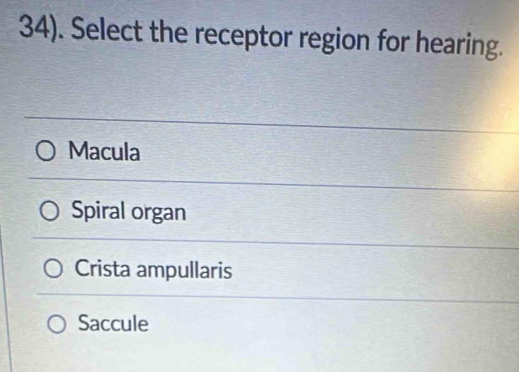 34). Select the receptor region for hearing.
Macula
Spiral organ
Crista ampullaris
Saccule