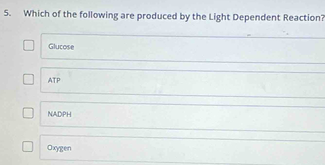 Which of the following are produced by the Light Dependent Reaction?
Glucose
ATP
NADPH
Oxygen