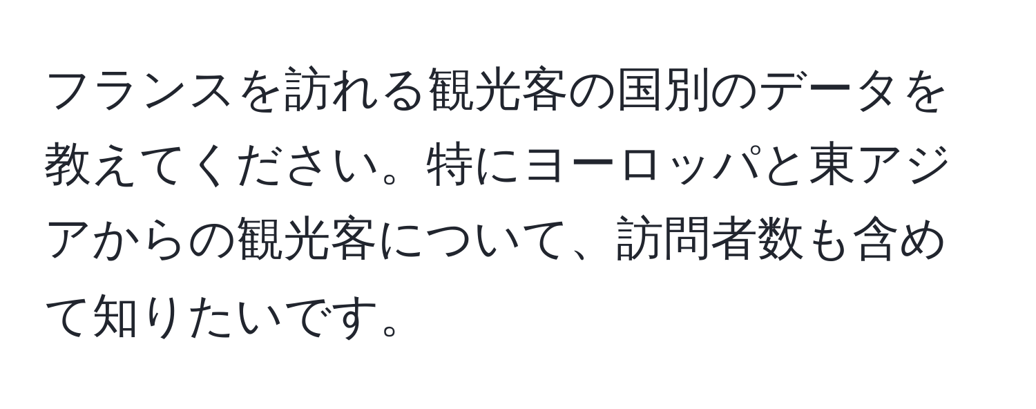 フランスを訪れる観光客の国別のデータを教えてください。特にヨーロッパと東アジアからの観光客について、訪問者数も含めて知りたいです。