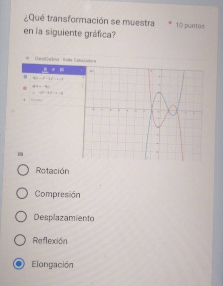 ¿Qué transformación se muestra * 10 puntos
en la siguiente gráfica?
GeoGebra
Rotación
Compresión
Desplazamiento
Reflexión
Elongación