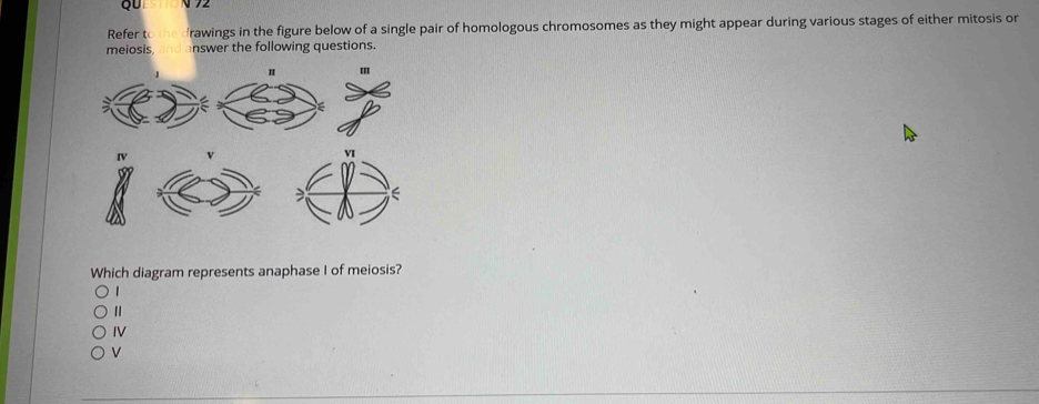 QU
Refer to the drawings in the figure below of a single pair of homologous chromosomes as they might appear during various stages of either mitosis or
meiosis and answer the following questions.
u
IV
VI
Which diagram represents anaphase I of meiosis?
1
Ⅱ
IV
V