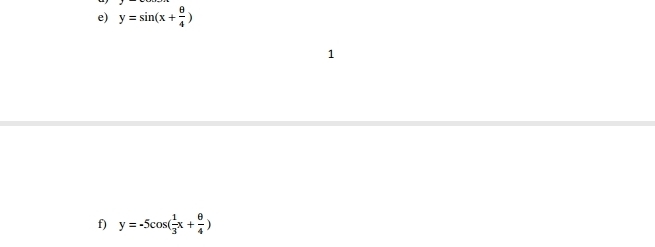 y=sin (x+ θ /4 )
1
f) y=-5cos ( 1/3 x+ θ /4 )