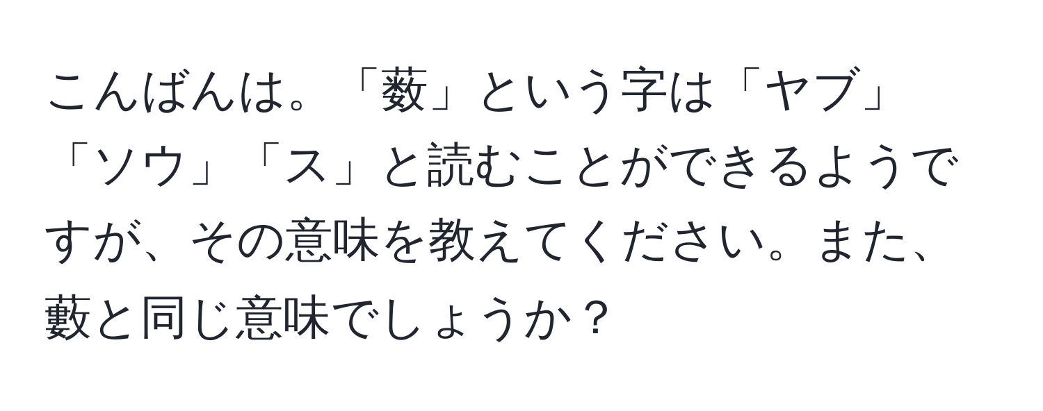 こんばんは。「薮」という字は「ヤブ」「ソウ」「ス」と読むことができるようですが、その意味を教えてください。また、藪と同じ意味でしょうか？