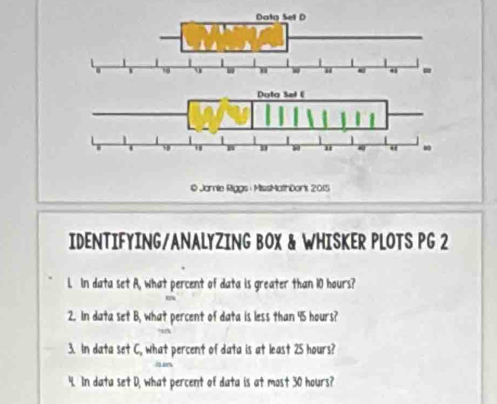 Data Sel D 
10 9 H = 
Dota Sel E 
1 " 
ω “ - 
© Jamie Riggs : MissMathDork 2015 
IDENTIFYING/ANALYZING BOX & WHISKER PLOTS PG 2 
1. In data set A, what percent of data is greater than 10 hours? 
2. In data set B, what percent of data is less than 45 hours? 
3. In data set C, what percent of data is at least 25 hours? 
4. In data set D, what percent of data is at most 30 hours?