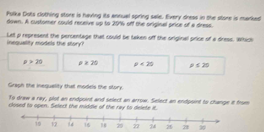 Polka Dots clothing store is having its annual spring sale. Every dress in the store is marked
down. A customer could receive up to 20% off the original price of a dress,
Let p represent the percentage that could be taken off the originall price of a dress. Which
inequality models the story?
rho >20
p≥ 20
rho <20</tex>
rho ≤ 20
Graph the inequality that models the story.
To draw a ray, plot an endpoint and select an arrow. Select an endpoint to change it from
closed to open. Select the middle of the ray to delete it.