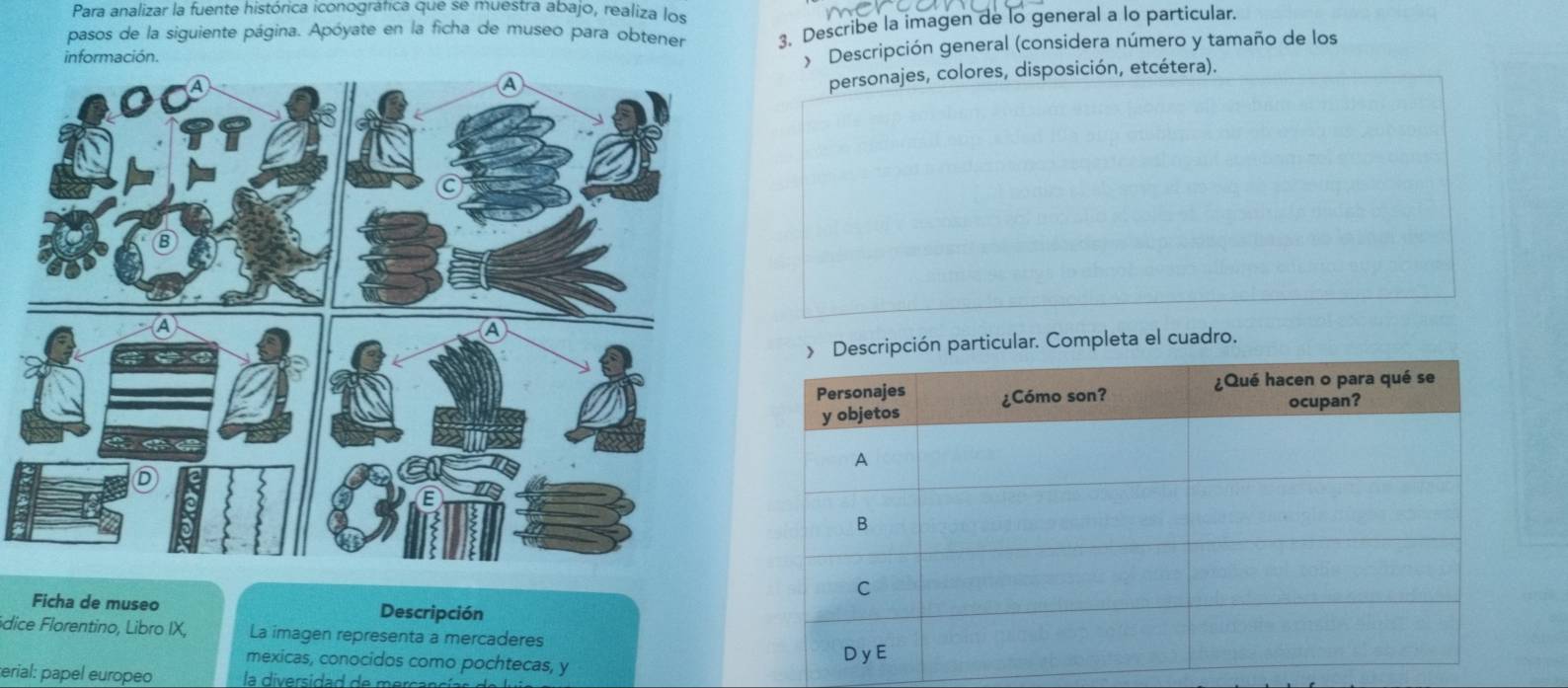 Para analizar la fuente histórica iconográfica que se muestra abajo, realiza los 
información. 3. Describe la imagen de lo general a lo particular. 
pasos de la siguiente página. Apóyate en la ficha de museo para obtener 
) Descripción general (considera número y tamaño de los 
personajes, colores, disposición, etcétera). 
ión particular. Completa el cuadro. 
Ficha de museo Descripción 
dice Florentino, Libro IX, La imagen representa a mercaderes 
mexicas, conocidos como pochtecas, y 
erial: papel europeo la diversidad de mercancían