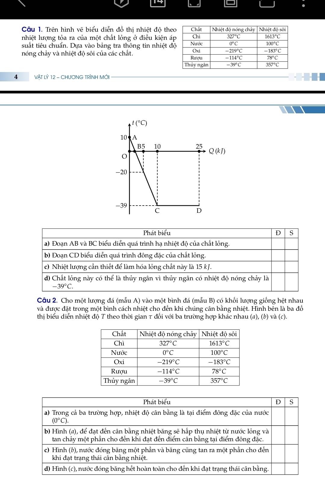 Trên hình vẽ biểu diễn đồ thị nhiệt độ the
nhiệt lượng tỏa ra của một chất lỏng ở điều kiện á
suất tiêu chuẩn. Dựa vào bảng tra thông tin nhiệt đ
nóng chảy và nhiệt độ sôi của các chất. 
4 VẬT Lý 12 - CHưƠNG TRÌNH MỚI
Câu 2. Cho một lượng đá (mẫu A) vào một bình đá (mẫu B) có khối lượng giống hệt nhau
và được đặt trong một bình cách nhiệt cho đến khi chúng cân bằng nhiệt. Hình bên là ba đồ
thị biểu diễn nhiệt độ T theo thời gian τ đối với ba trường hợp khác nhau (a), (b) và (c).