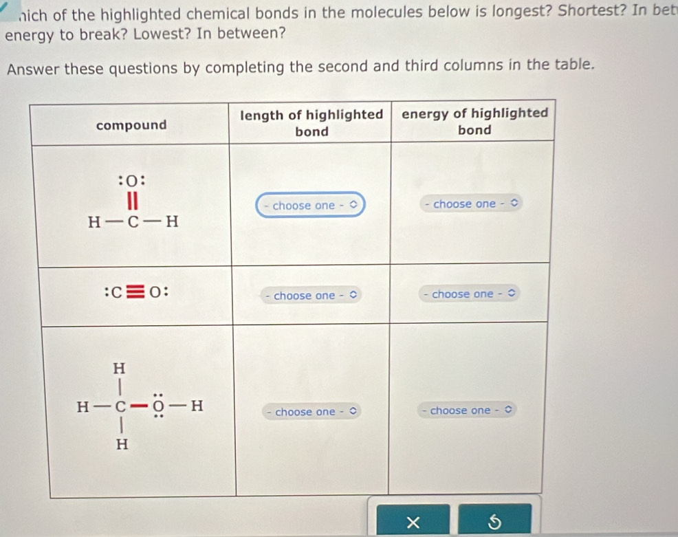 nich of the highlighted chemical bonds in the molecules below is longest? Shortest? In bet
energy to break? Lowest? In between?
Answer these questions by completing the second and third columns in the table.
×