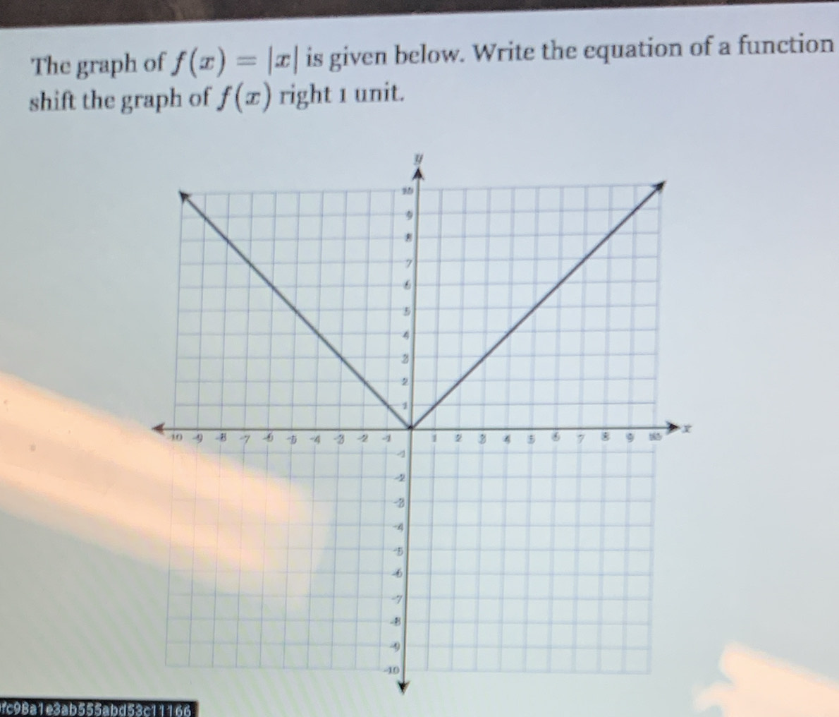 The graph of f(x)=|x| is given below. Write the equation of a function 
shift the graph of f(x) right 1 unit. 
fc98a1e3ab555abd53c11166