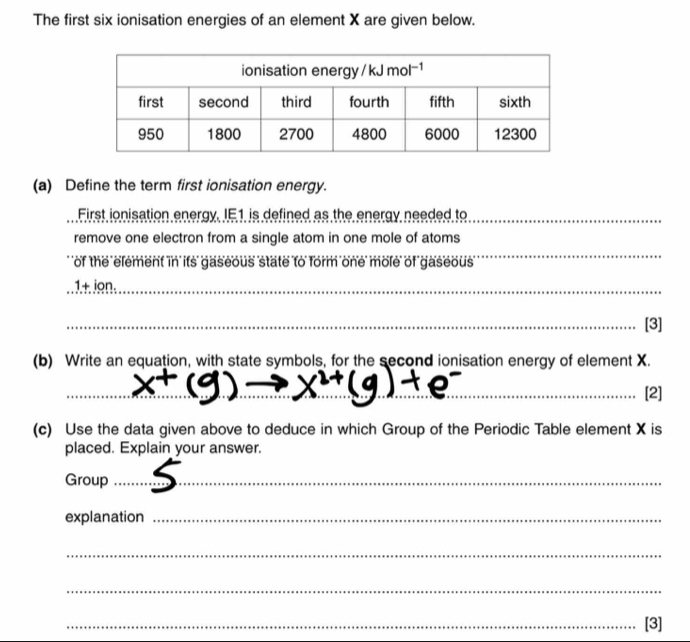 The first six ionisation energies of an element X are given below. 
(a) Define the term first ionisation energy. 
First ionisation energy. IE1 is defined as the energy needed to_ 
remove one electron from a single atom in one mole of atoms 
'of the element in its' gaseous 'state to form one mole of gaseous 
_ 
1+ ion. 
_ 
_[3] 
(b) Write an equation, with state symbols, for the second ionisation energy of element X. 
_ 
_[2] 
(c) Use the data given above to deduce in which Group of the Periodic Table element X is 
placed. Explain your answer. 
Group_ 
explanation_ 
_ 
_ 
_[3]