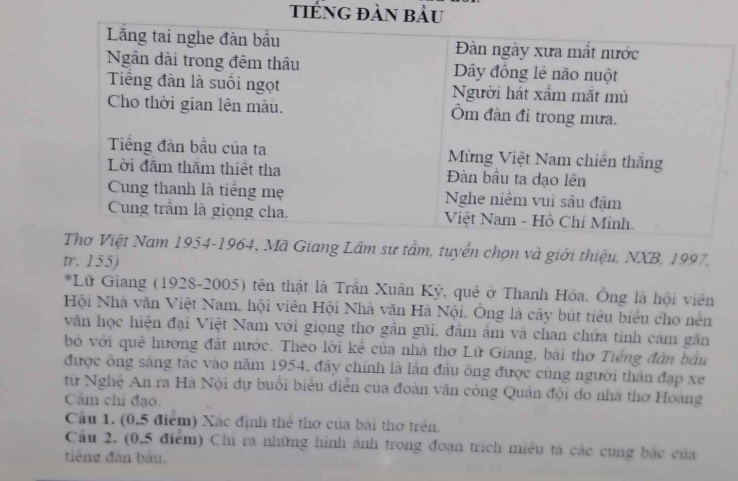 tiếnG đàn bầu 
ệt Nam 1954-1964. Mã Giang Lâm sư tầm, tuyển chọn và giới thiệu, NXB, 1997, 
tr. 155) 
*Lữ Giang (1928-2005) tên thật là Trần Xuân Kỳ, quê ở Thanh Hóa. Ông là hội viên 
Hội Nhà văn Việt Nam, hội viên Hội Nhà văn Hà Nội. Ông là cây bút tiêu biểu cho nen 
văn học hiện đại Việt Nam với giọng thơ gần gũi, đảm ẩm và chan chứa tinh cảm găn 
bỏ với quê hương đất nước. Theo lời kể của nhà thơ Lữ Giang, bài thơ Tiếng đàn bầu 
được ông sáng tác vào năm 1954, đây chính là lần đầu ông được cùng người thần đạp xe 
từ Nghệ An ra Hà Nội dự buổi biểu diễn của đoàn văn công Quân đội do nhà thơ Hoàng 
Cẩm chi đạo. 
Cầu 1. (0,5 điểm) Xác định thể thơ của bài thơ trên. 
Cầu 2. (0,5 điểm) Chi ra những hình ảnh trong đoạn trích miêu tả các cung bắc của 
tiếng đân bầu,