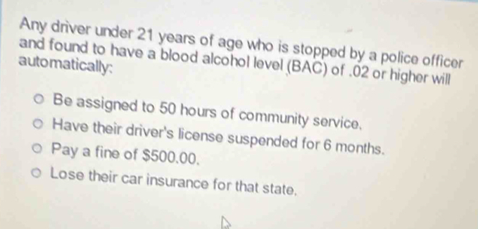 Any driver under 21 years of age who is stopped by a police officer
and found to have a blood alcohol level (BAC) of . 02 or higher will
automatically:
Be assigned to 50 hours of community service.
Have their driver's license suspended for 6 months.
Pay a fine of $500.00.
Lose their car insurance for that state,