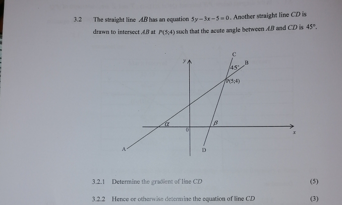 Solved: 3.2 The straight line AB has an equation 5y-3x-5=0. Another ...