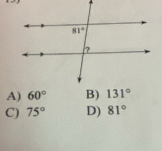 A) 60°
C) 75° D) 81°