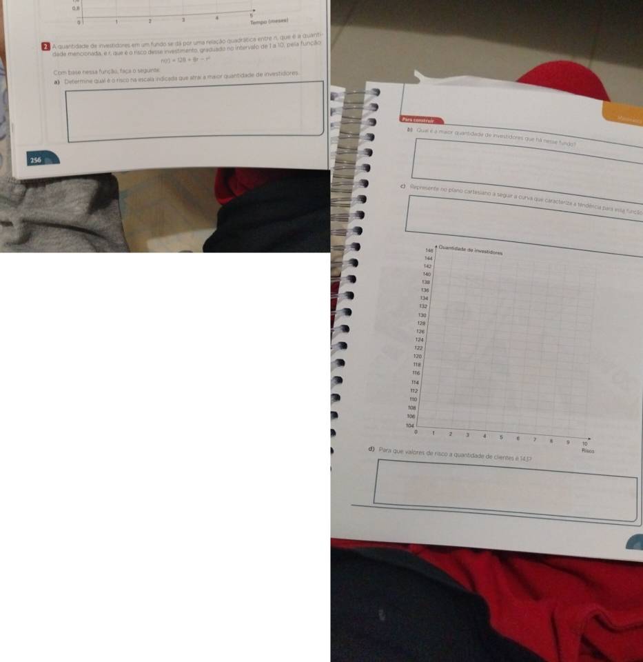 0, 8
。 2 1 4 5
Tempo (teses) 
A quantidade de investidores em um fundo se dá por uma relação quadrática entre n, que é a quanti 
dade mencionada, e r, glie é o risco desse investimento, graduado no intervalo de 1 a 10, pela função
h(t)=128+6t-r^2
Com base nessa função, faça o seguinte 
a) Determine qual é o risco na escala indicada que atrai a maior quantidade de investidores 
D Qual e a maor quantidada de investidores que há nesse fundo? 
256 
Represente no plano cartesiano a seguir a curva que caracterize a tendência para essa função 
d) Para tidade de clientes e 1457