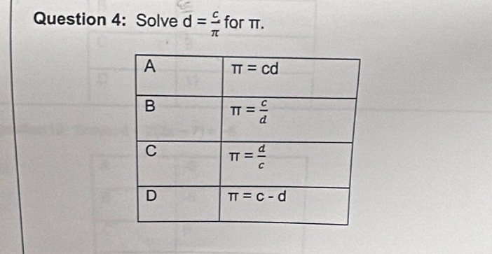 Solve d= c/π   for π.